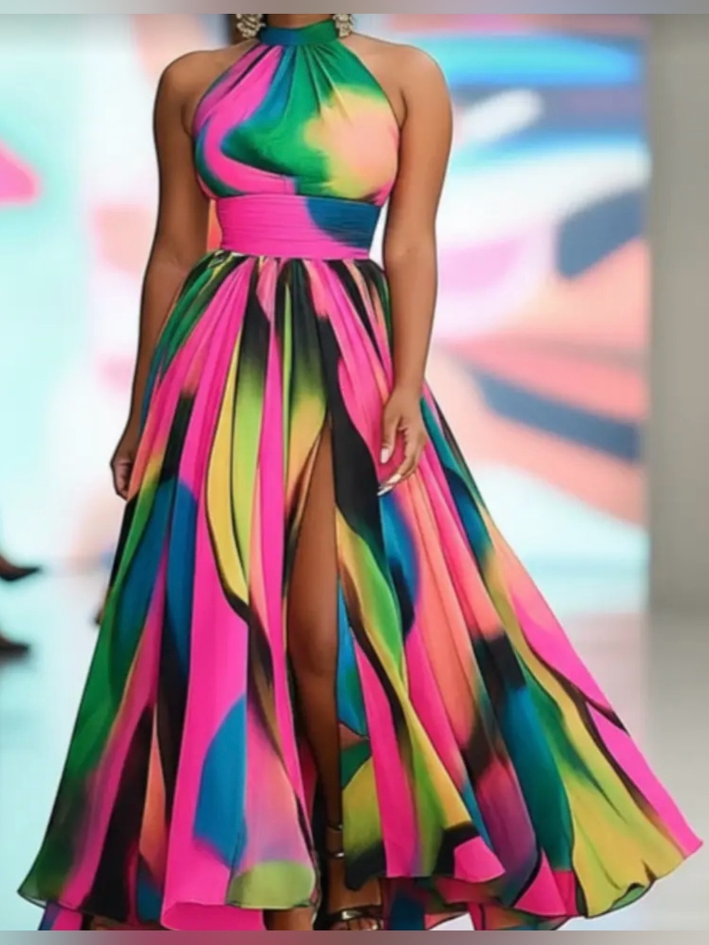 Vibrant Halter Maxi Dress with High Slit - Pink Multi
